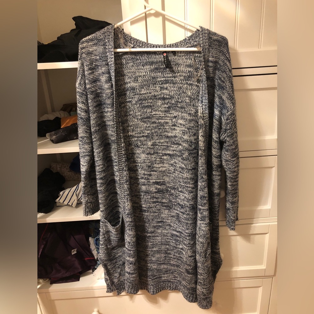 Poof! Navy Blue & White Knit Long Length Long Sleeve Cardigan 100% Acrylic